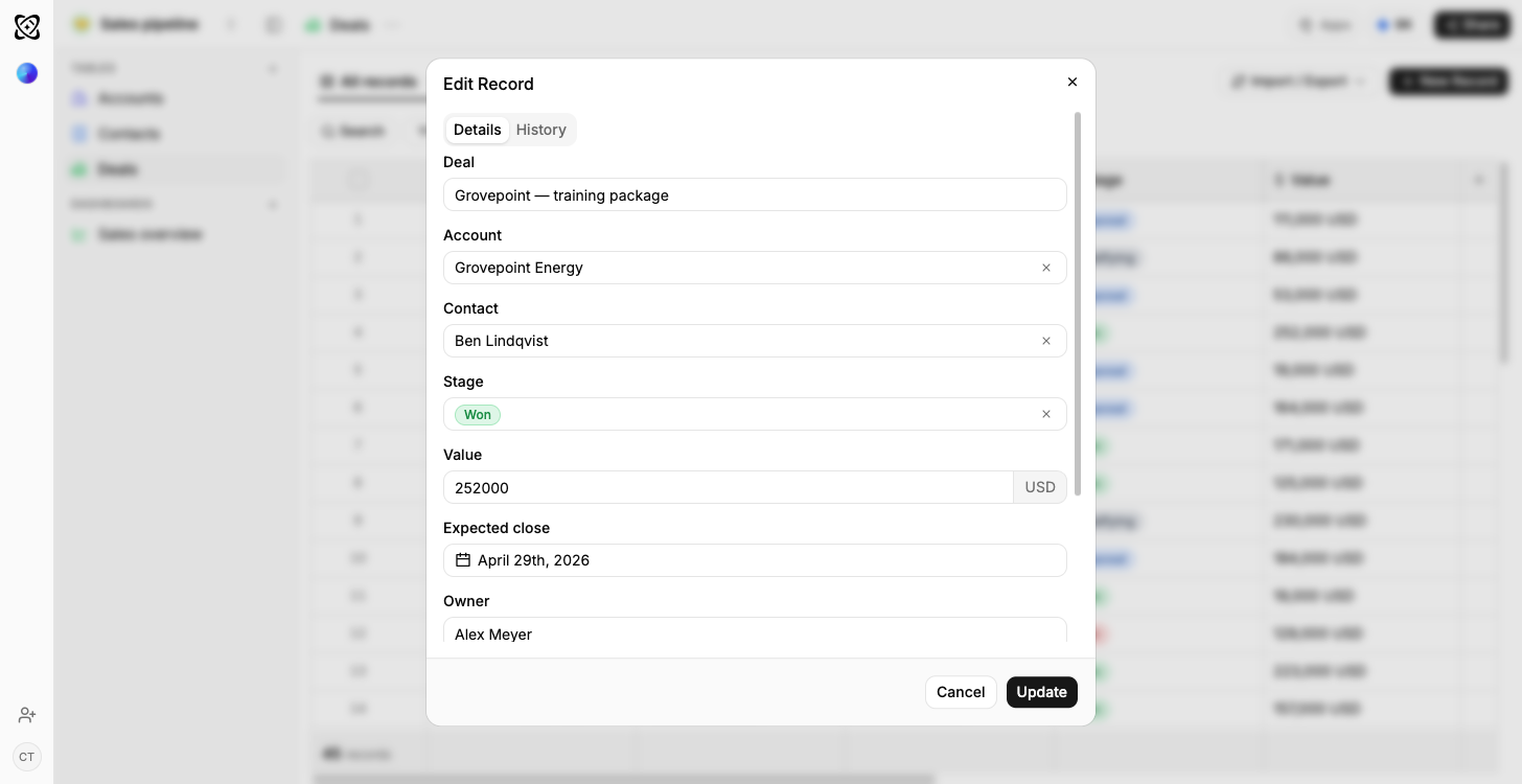 A Ferra record panel open on one deal, showing its account, contact, stage, value, expected close date and owner, with a History tab beside Details
